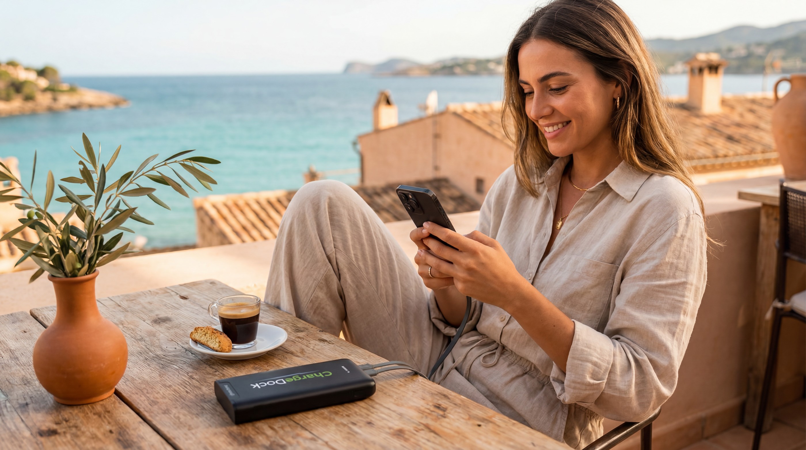 Guest using her phone while charging