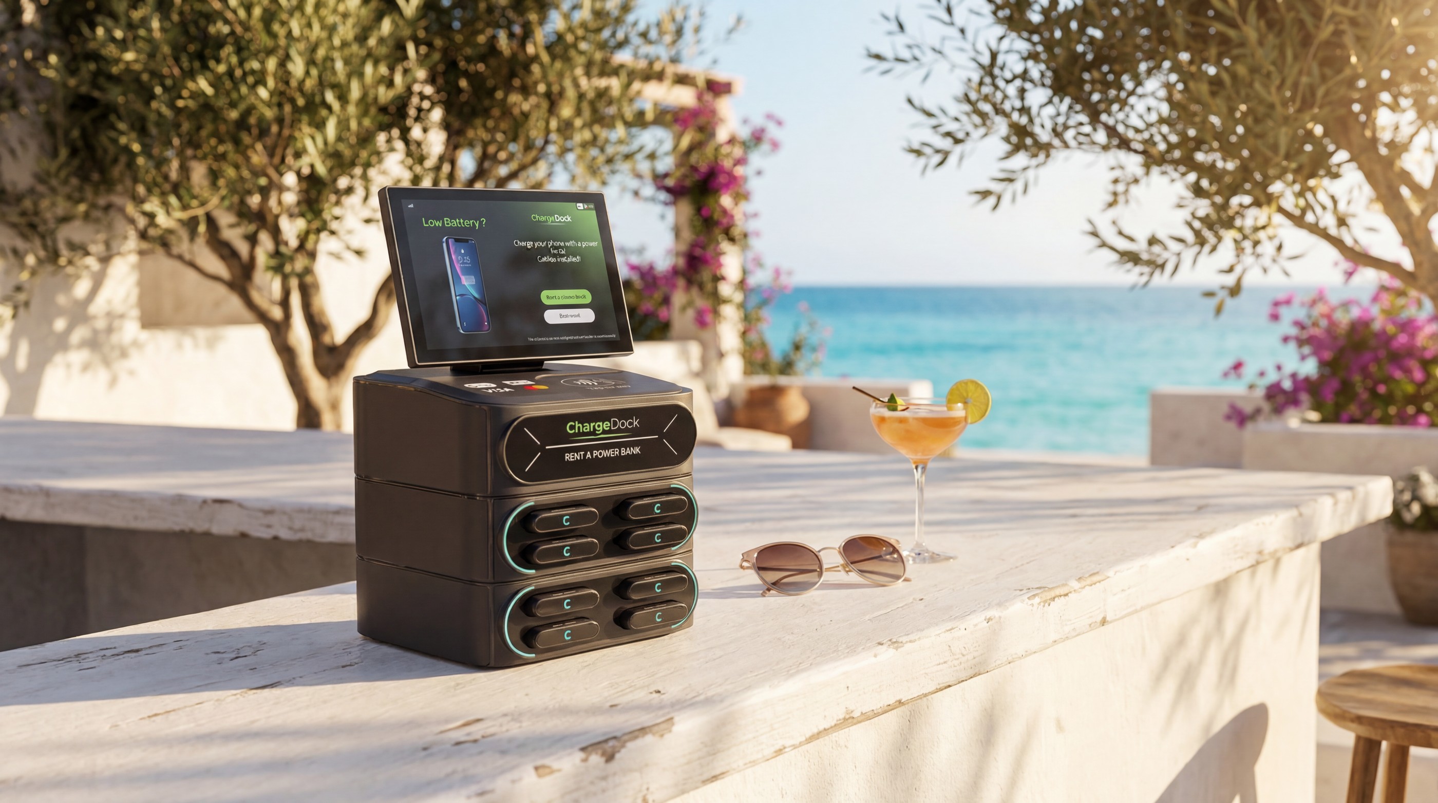 ChargeDock station on a hospitality bar